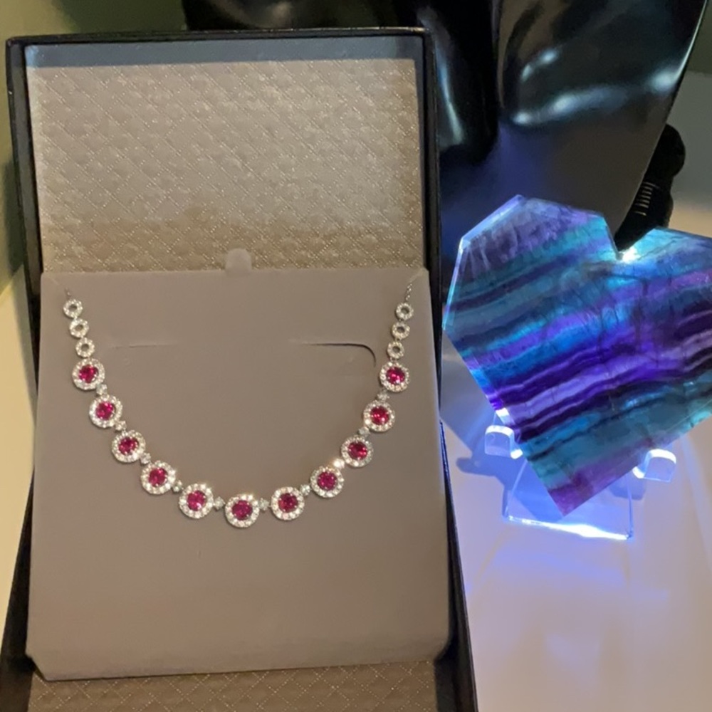 925 Lab Created Ruby/ white Sapphires Halo tennis Necklace & gemstone 
heart 💜